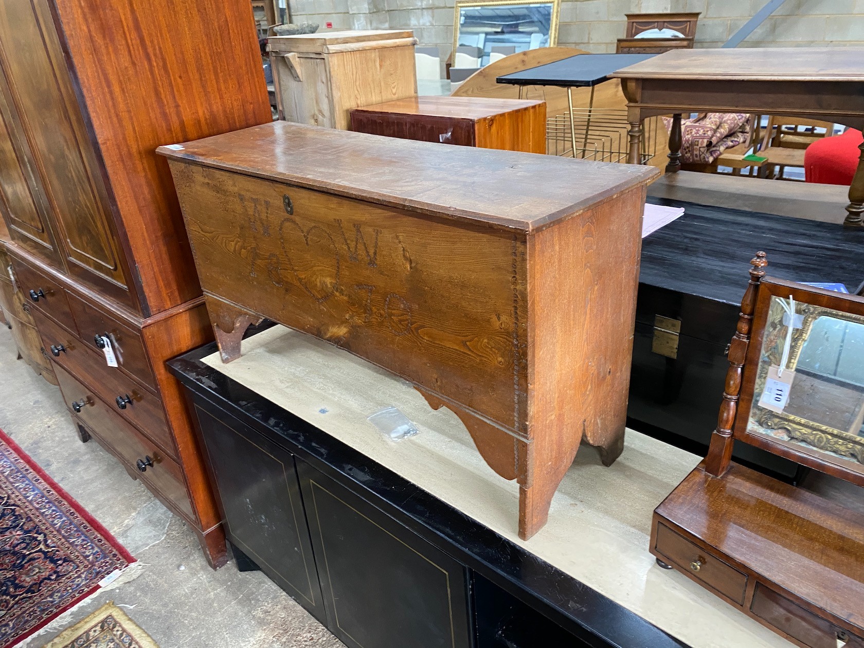 A Georgian ash boarded coffer, later inscribed WW1870, length 114cm, depth 36cm, height 61cm
